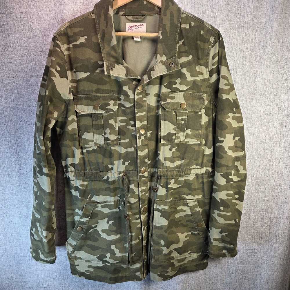 Arizona Jean Jacket Large Camo Utility Bungee Waist Pockets Snap Zip Retro